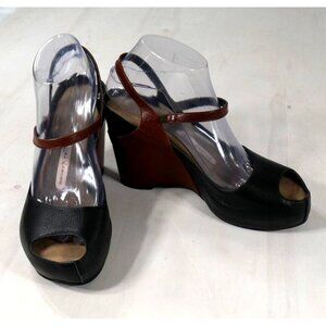 Lisa Nading Black Brown Leather Platform Wedge Sandals Womens Size EU 39 USA 8.5